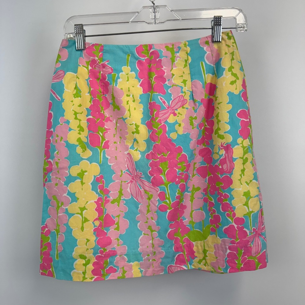 Lilly Pulitzer Vintage White Label Floral Dragonfly Mini Skirt Blue Pink 2‎